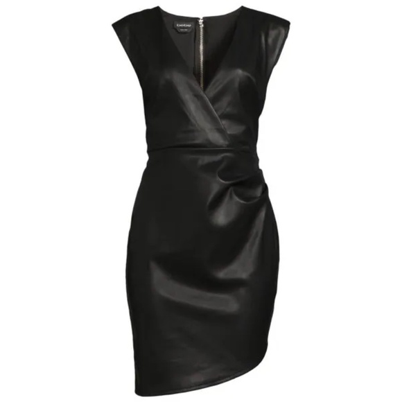 BEBE Women's Vegan Leather Asymmetric Faux Wrap Dress - Size XS - NWT - Picture 3 of 7